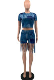 Black Fashion Casual Print Tassel O Neck Short Sleeve Two Pieces
