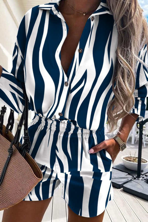 Blue Casual Print Make Old Buckle Turndown Collar Half Sleeve Two Pieces