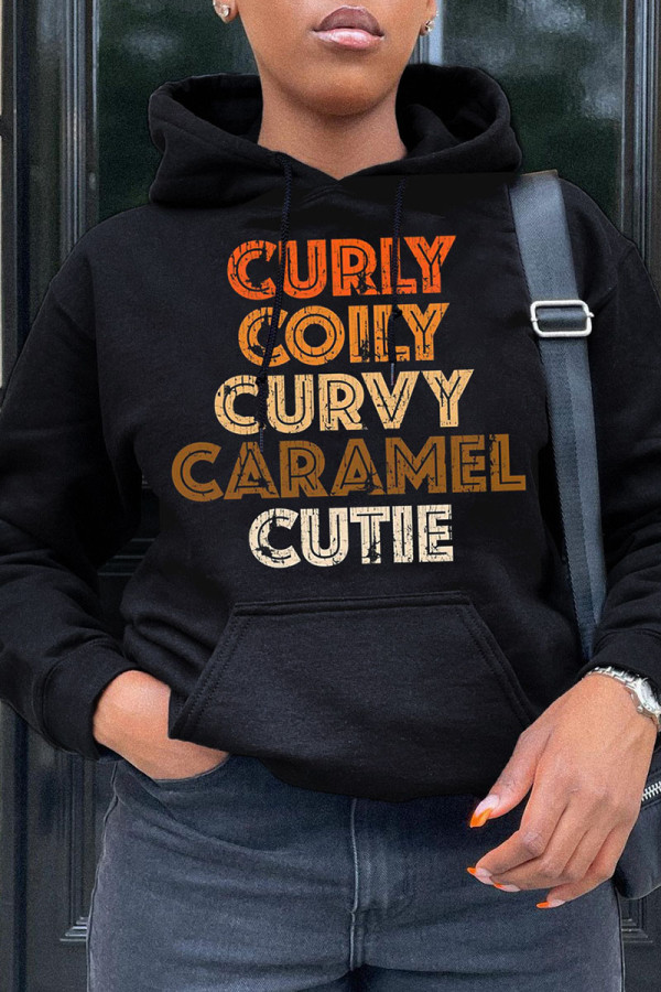 Black Casual Print Patchwork Hooded Collar Tops