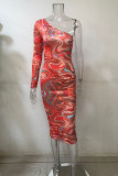 Red Fashion Sexy Print Basic Oblique Collar Long Sleeve Dresses