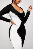 Black And White Sexy Solid Patchwork Buttons Asymmetrical Contrast U Neck One Step Skirt Dresses