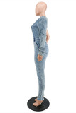 Light Blue Fashion Casual Solid Patchwork Oblique Collar Regular Jumpsuits