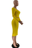 Yellow Fashion Sexy Solid Split Joint Slit Square Collar Long Sleeve Two Pieces