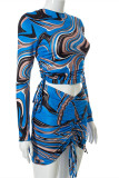 Blue Fashion Sexy Print Bandage Draw String O Neck Long Sleeve Two Pieces