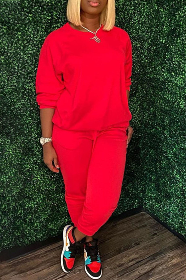 Red Fashion Casual Solid Patchwork O Neck Long Sleeve Two Pieces