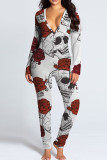 Dark Brown Casual Print Split Joint Buttons V Neck Skinny Jumpsuits