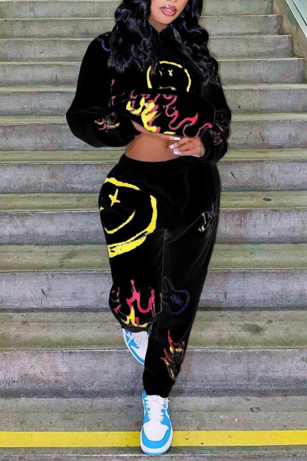 Black Casual Print Patchwork Hooded Collar Long Sleeve Two Pieces