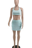 Light Blue Casual Solid Split Joint U Neck Straight Plus Size Two Pieces