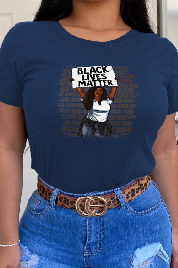 Navy Blue Casual Daily Character Patchwork O Neck T-Shirts