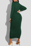 Green Fashion Casual Solid Hollowed Out Fold O Neck Long Sleeve Dresses