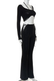 Black Sexy Solid Hollowed Out Patchwork Frenulum Asymmetrical U Neck Long Sleeve Two Pieces