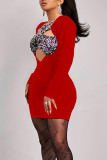Red Sexy Solid Hollowed Out Patchwork V Neck A Line Dresses