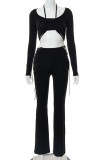Black Sexy Solid Hollowed Out Patchwork Frenulum Asymmetrical U Neck Long Sleeve Two Pieces