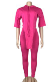 Rose Red Casual Solid Patchwork Asymmetrical Hooded Collar Half Sleeve Two Pieces