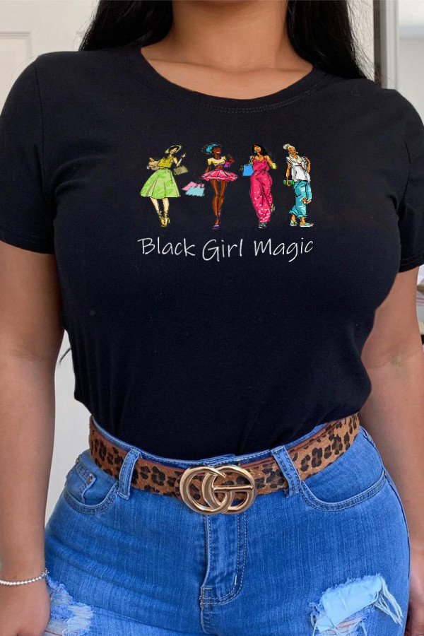 Black Casual Daily Print Patchwork O Neck T-Shirts