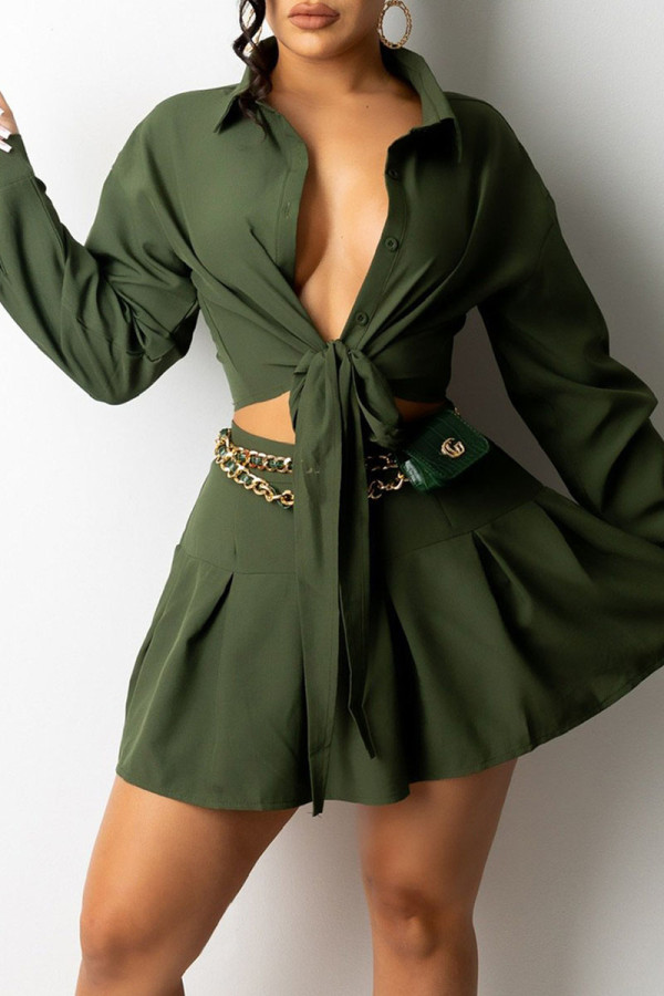 Army Green Fashion Casual Solid Patchwork Turndown Collar Long Sleeve Two Pieces