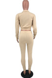 Apricot Fashion Casual Solid Basic Zipper Collar Long Sleeve Two Pieces