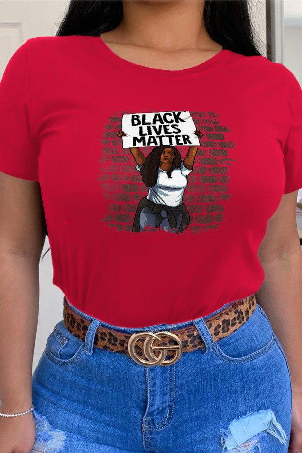 Red Casual Daily Character Patchwork O Neck T-Shirts