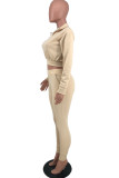 Apricot Fashion Casual Solid Basic Zipper Collar Long Sleeve Two Pieces