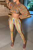 Yellow Sexy Striped Patchwork Half A Turtleneck Long Sleeve Two Pieces