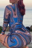 Blue Fashion Sexy Print Bandage Draw String O Neck Long Sleeve Two Pieces