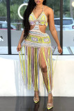 Pink Fashion Sexy Patchwork Tassel Hollowed Out Backless Swimwears Beach Dress