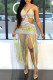 Pink Fashion Sexy Patchwork Tassel Hollowed Out Backless Swimwears Beach Dress