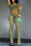 Yellow Sexy Print Patchwork See-through O Neck Short Sleeve Two Pieces