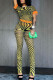 Yellow Sexy Print Patchwork See-through O Neck Short Sleeve Two Pieces