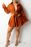 Rust Red Fashion Casual Solid Patchwork Turndown Collar Long Sleeve Two Pieces