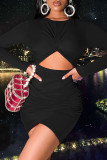 Black Sexy Casual Solid Hollowed Out O Neck Long Sleeve Dresses