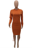 Orange Fashion Casual Solid Bandage Draw String O Neck Long Sleeve Dresses