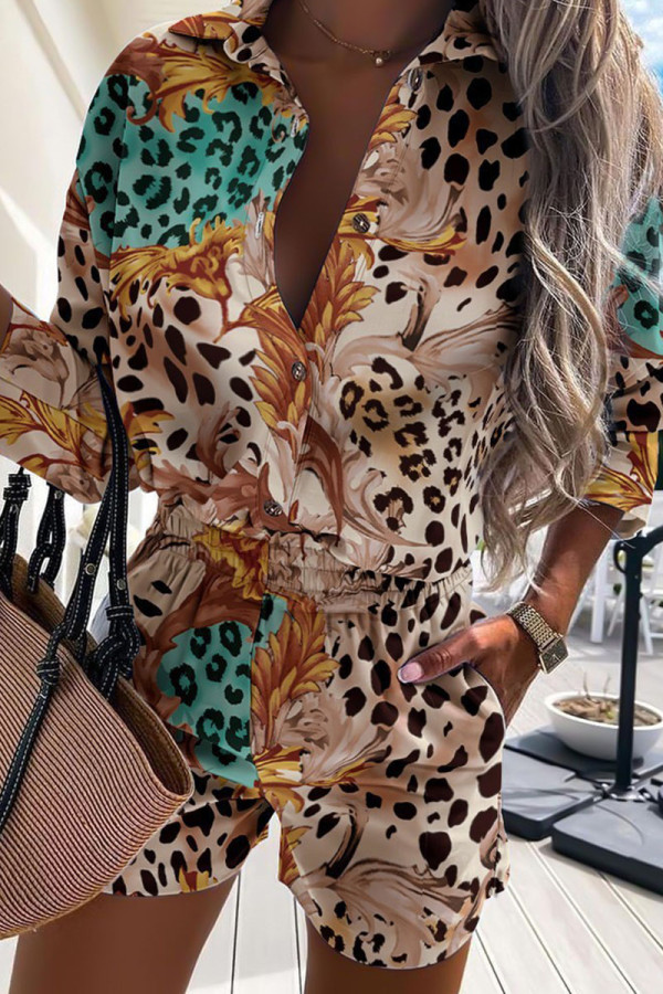 Multicolor Casual Print Make Old Buckle Turndown Collar Half Sleeve Two Pieces