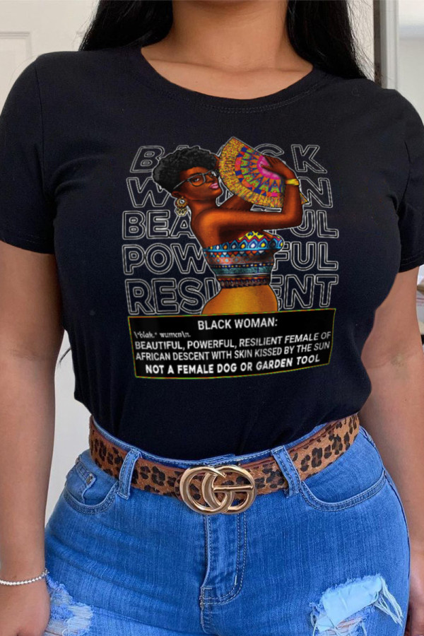 Black Street Daily Character Patchwork O Neck T-Shirts