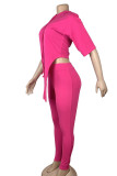 Rose Red Casual Solid Patchwork Asymmetrical Hooded Collar Half Sleeve Two Pieces