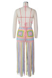 Pink Fashion Sexy Patchwork Tassel Hollowed Out Backless Swimwears Beach Dress