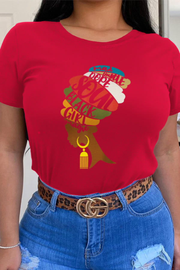 Red Fashion Casual Print Patchwork O Neck T-Shirts
