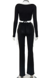 Black Sexy Solid Hollowed Out Patchwork Frenulum Asymmetrical U Neck Long Sleeve Two Pieces