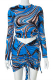 Blue Fashion Sexy Print Bandage Draw String O Neck Long Sleeve Two Pieces