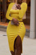Yellow Fashion Sexy Solid Patchwork Slit Square Collar Long Sleeve Two Pieces