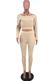 Apricot Fashion Casual Solid Basic Zipper Collar Long Sleeve Two Pieces