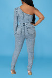 Light Blue Fashion Casual Solid Patchwork Oblique Collar Regular Jumpsuits