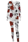 Red Casual Print Split Joint Buttons V Neck Skinny Jumpsuits