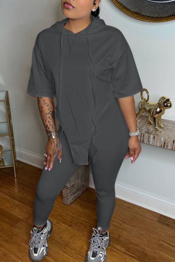 Dark Gray Casual Solid Patchwork Asymmetrical Hooded Collar Half Sleeve Two Pieces