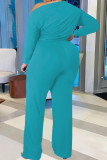 Cyan Casual Solid Patchwork Oblique Collar Plus Size Two Pieces(Contain The Belt)