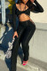 Black Sexy Solid Hollowed Out Patchwork Frenulum Asymmetrical U Neck Long Sleeve Two Pieces