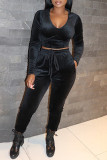 Black Fashion Casual Solid Basic Hooded Collar Long Sleeve Two Pieces
