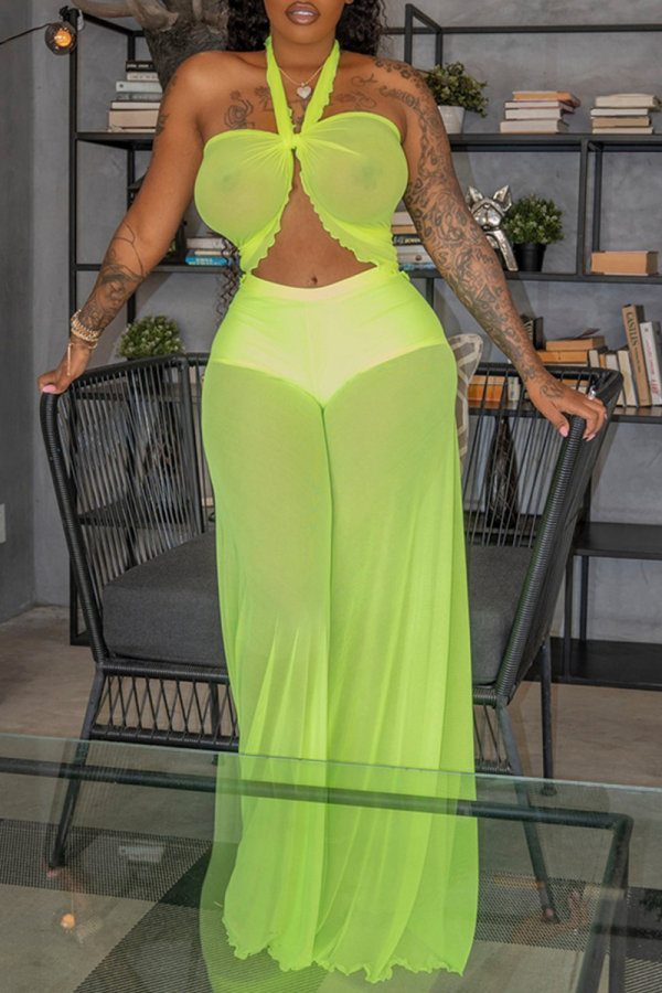 Yellow Sexy Solid Patchwork Mesh Swimwears
