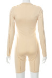 Khaki Casual Solid Patchwork Zipper Collar Skinny Rompers