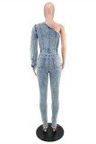 Light Blue Fashion Casual Solid Patchwork Oblique Collar Regular Jumpsuits